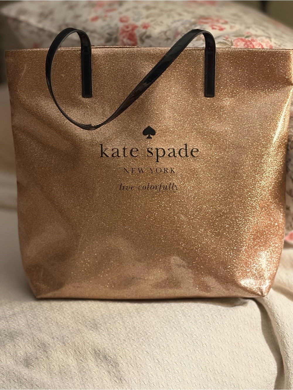 kate spade Rose Gold Glitter Tote with Black Handles